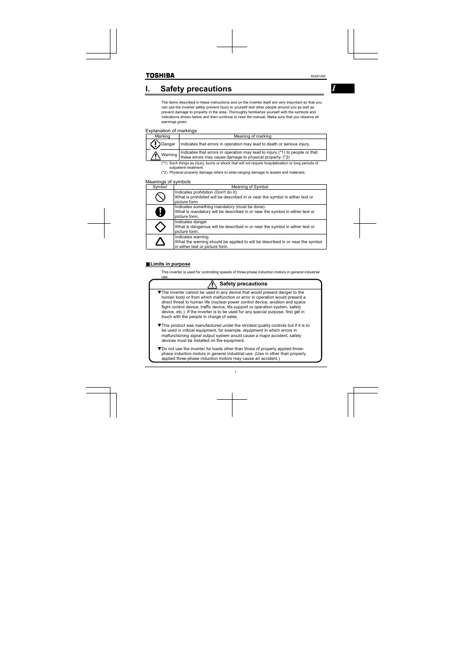 I. safety precautions | Toshiba VF-nC1 User Manual | Page 2 / 143