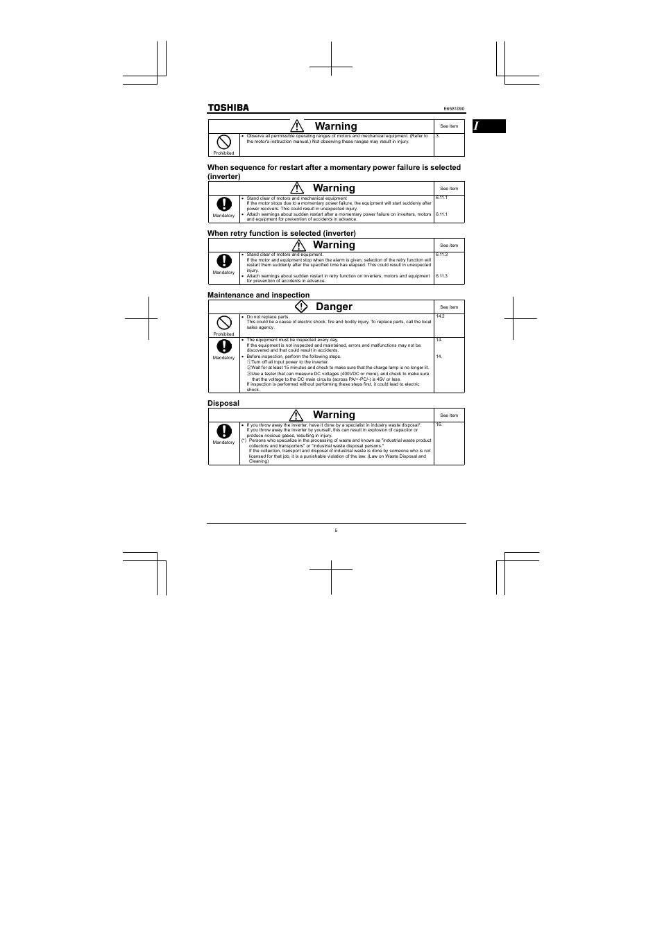 Warning, Danger | Toshiba VF-nC1 User Manual | Page 6 / 143