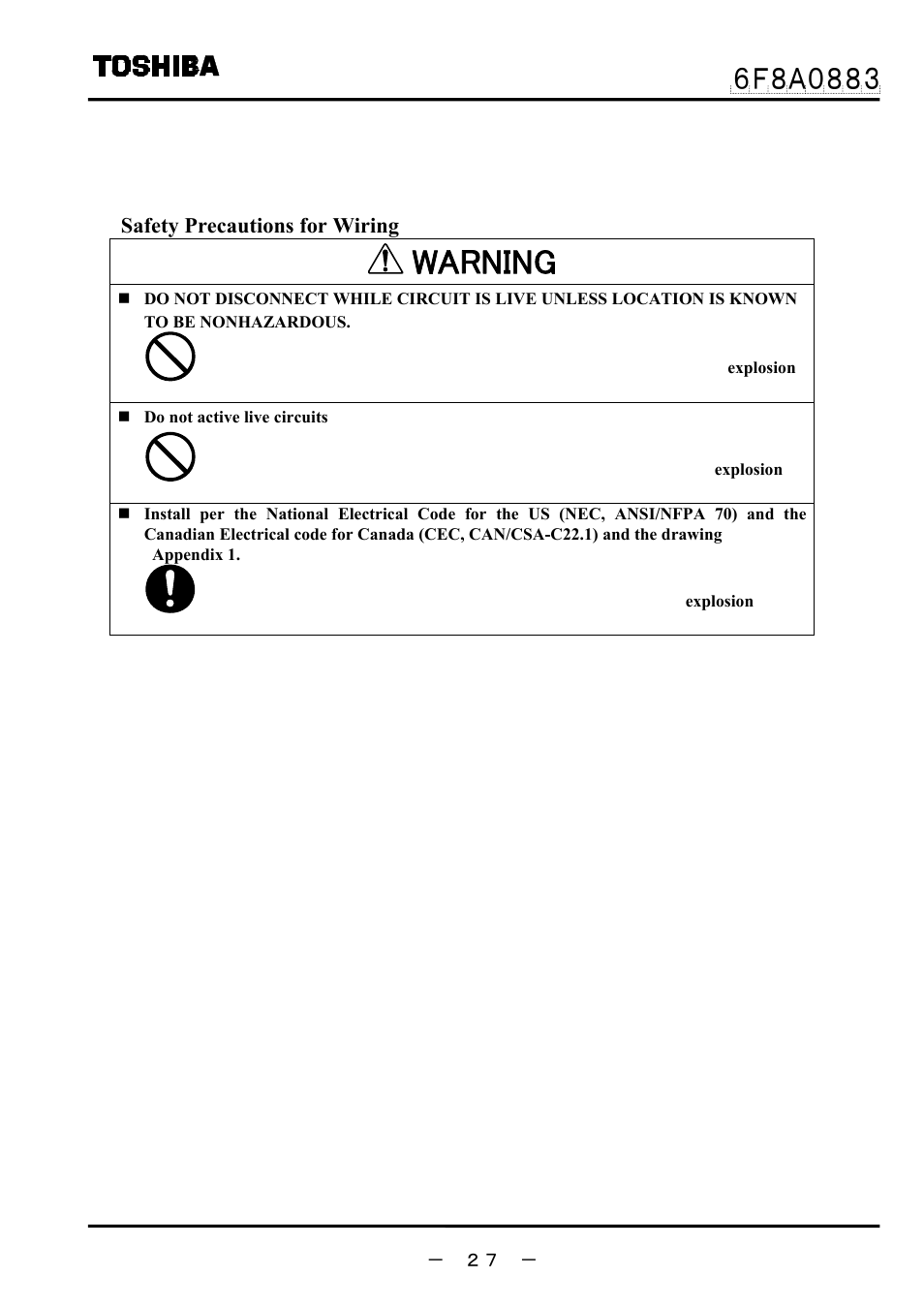 Wiring, Warning, Safety precautions for wiring | Toshiba GF632 User Manual | Page 28 / 56