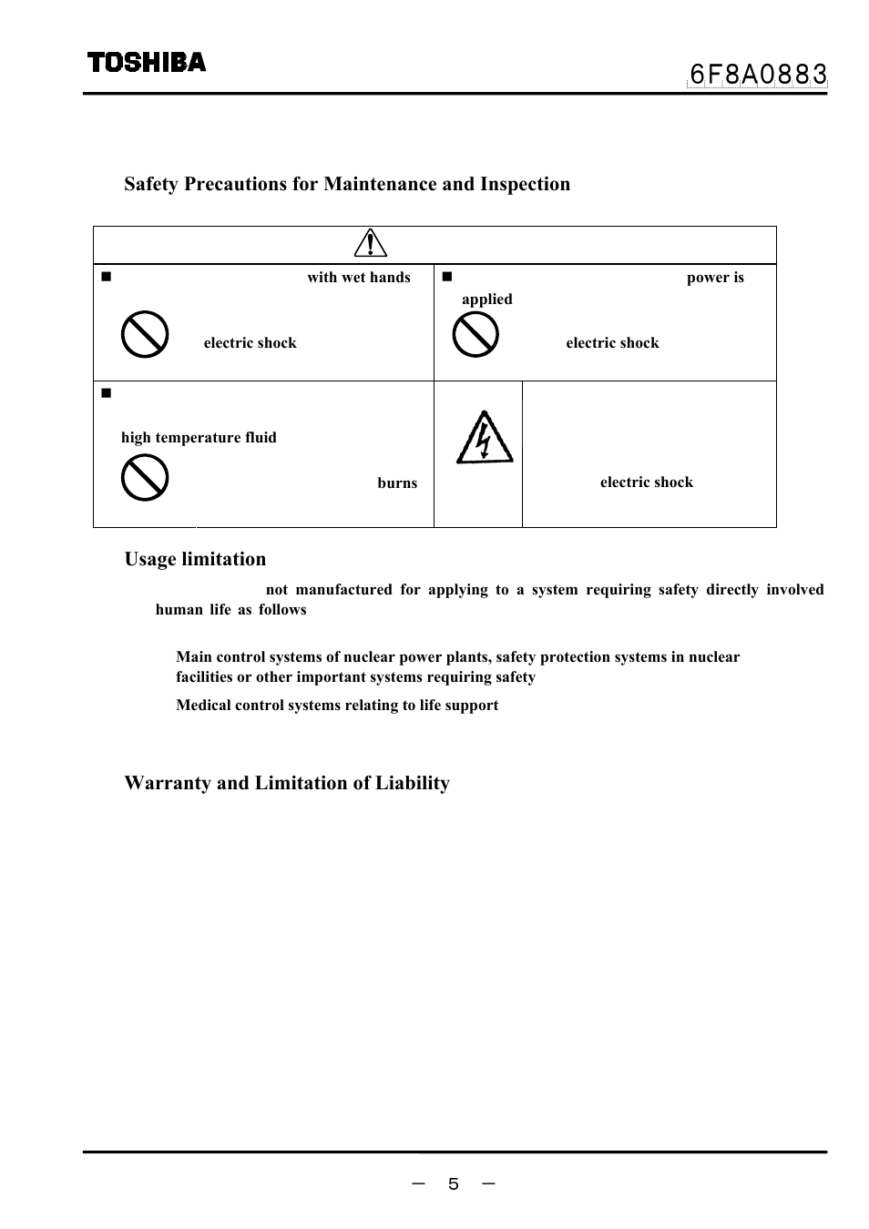 Safety precautions (continued), Caution, Safety precautions for maintenance and inspection | Usage limitation, Warranty and limitation of liability | Toshiba GF632 User Manual | Page 6 / 56