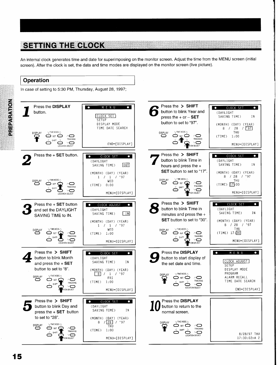 Setting the clock, Operation | Toshiba KV-9096A User Manual | Page 16 / 52