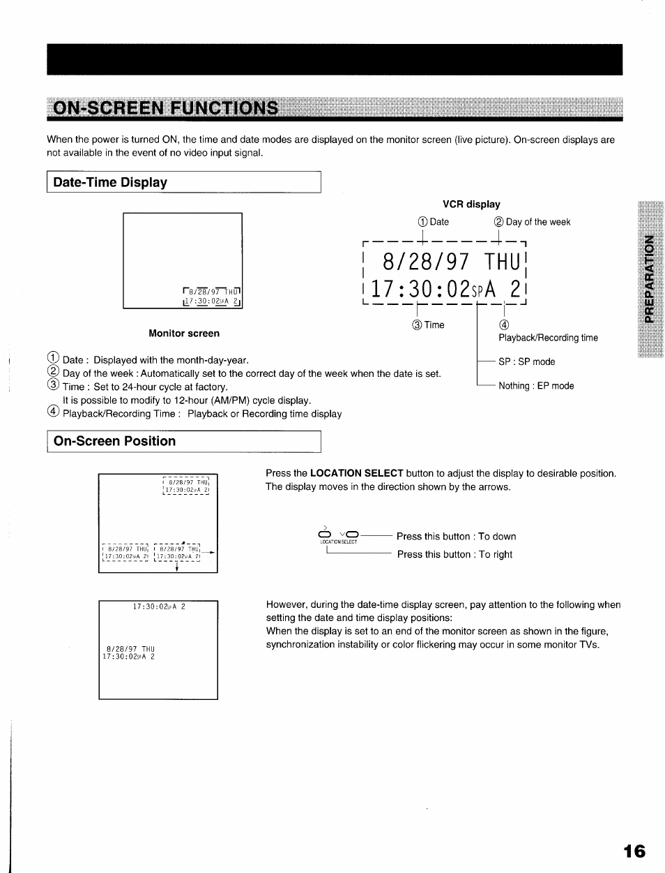 On-screen functions, Date-time display, On-screen position | A 2 i | Toshiba KV-9096A User Manual | Page 17 / 52