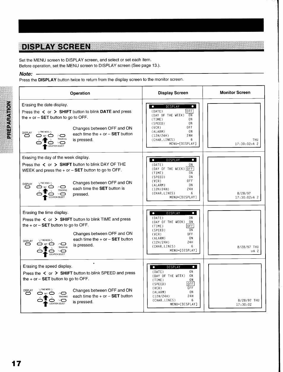 Display screen, Operation, Monitor screen | Cdi o vc3 | Toshiba KV-9096A User Manual | Page 18 / 52