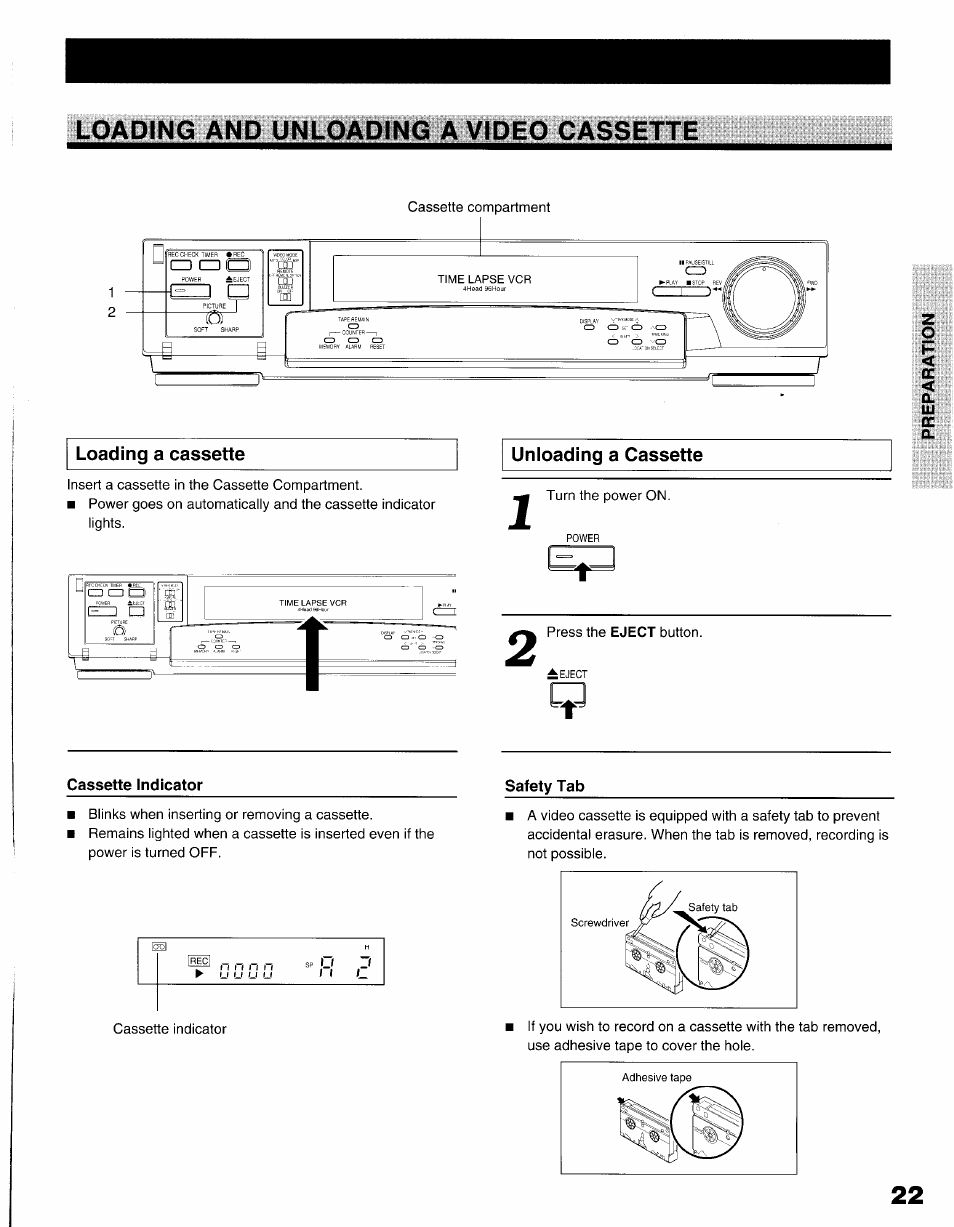 Loading and unloading a video cassette, Loading a cassette, Unloading a cassette | Toshiba KV-9096A User Manual | Page 23 / 52