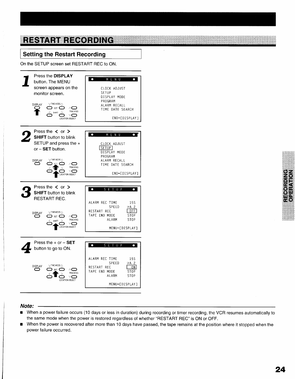 Setting the restart recording, Restart recording | Toshiba KV-9096A User Manual | Page 25 / 52