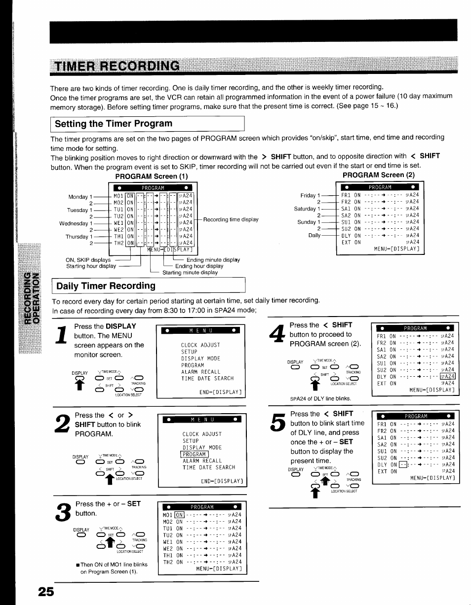 Setting the timer program, Timer recording | Toshiba KV-9096A User Manual | Page 26 / 52