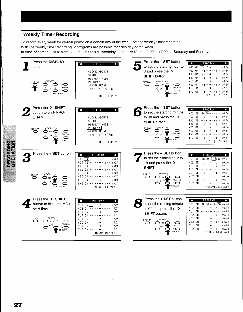 Weekly timer recording, Timer recording, Oz zo | Toshiba KV-9096A User Manual | Page 28 / 52