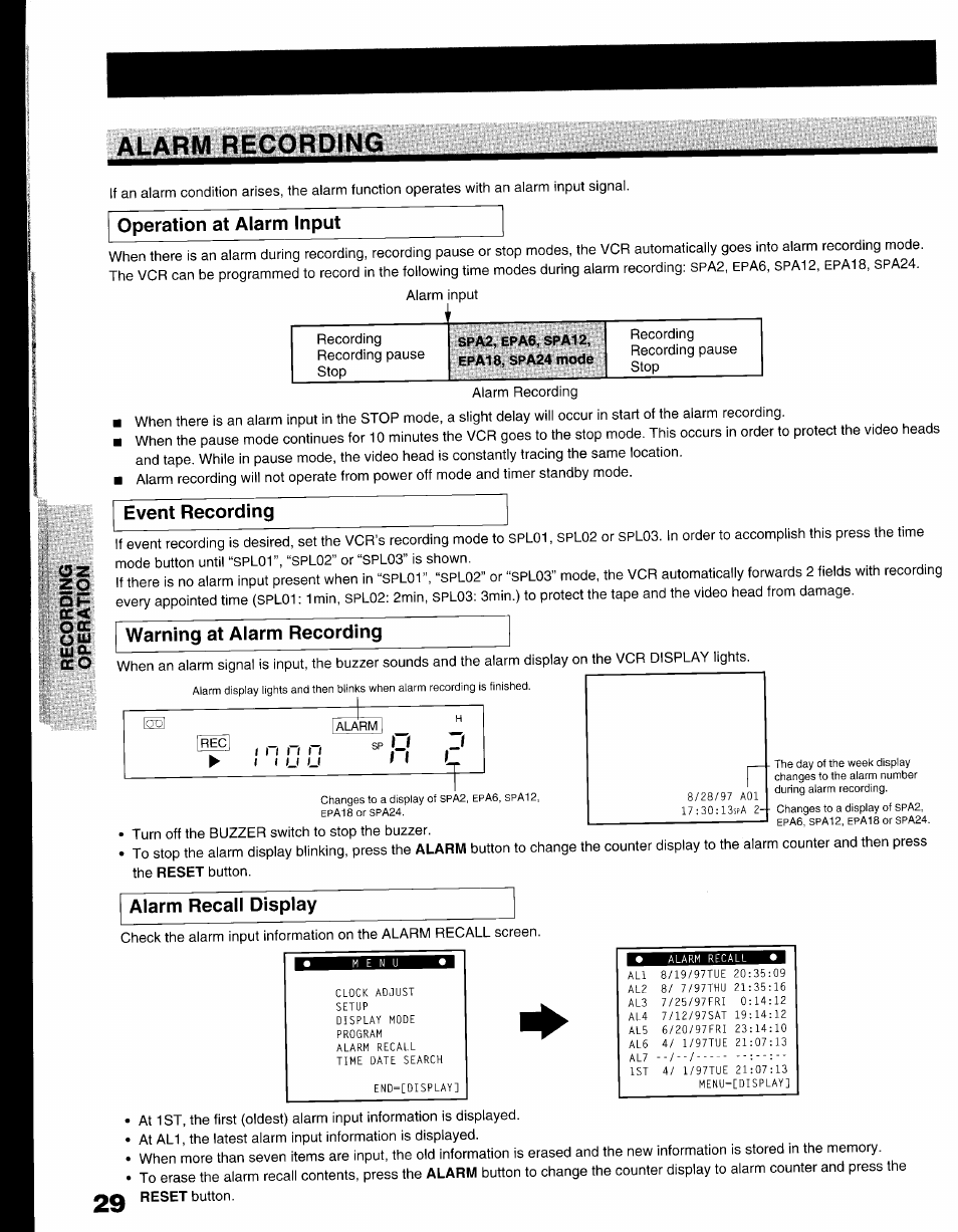 Operation at alarm input, Event recording, Alarm recall display | Restart recording, Alarm recording | Toshiba KV-9096A User Manual | Page 30 / 52