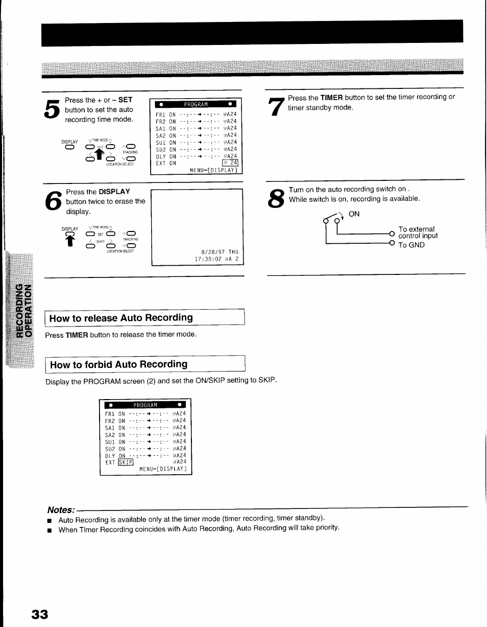 How to release auto recording, How to forbid auto recording | Toshiba KV-9096A User Manual | Page 34 / 52