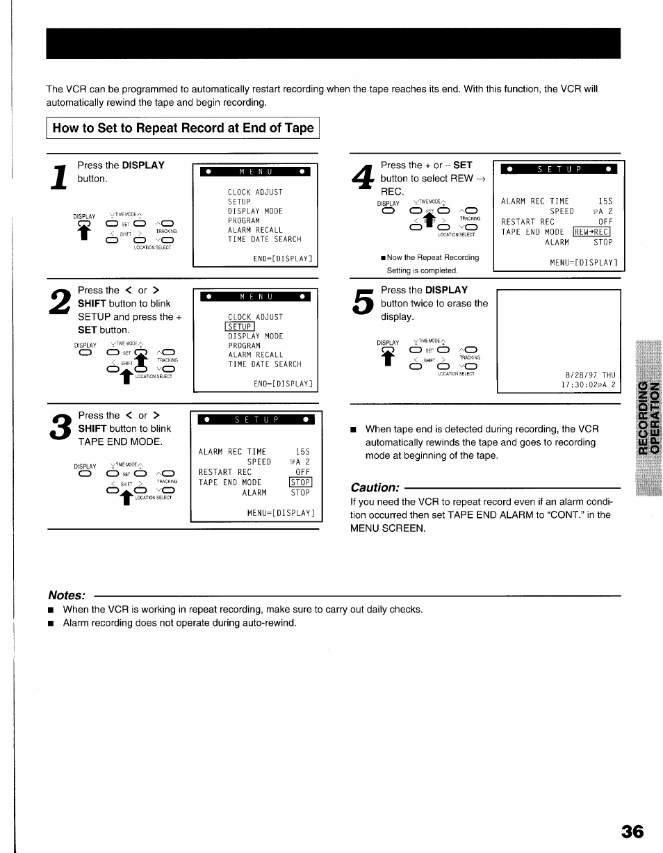 How to set to repeat record at end of tape | Toshiba KV-9096A User Manual | Page 37 / 52