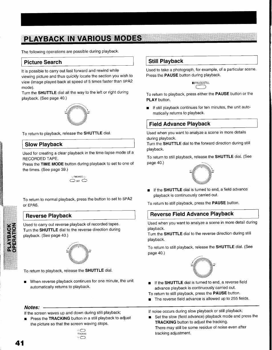 Playback in various modes, Picture search, Reverse playback | Still playback, Reverse field advance playback | Toshiba KV-9096A User Manual | Page 42 / 52