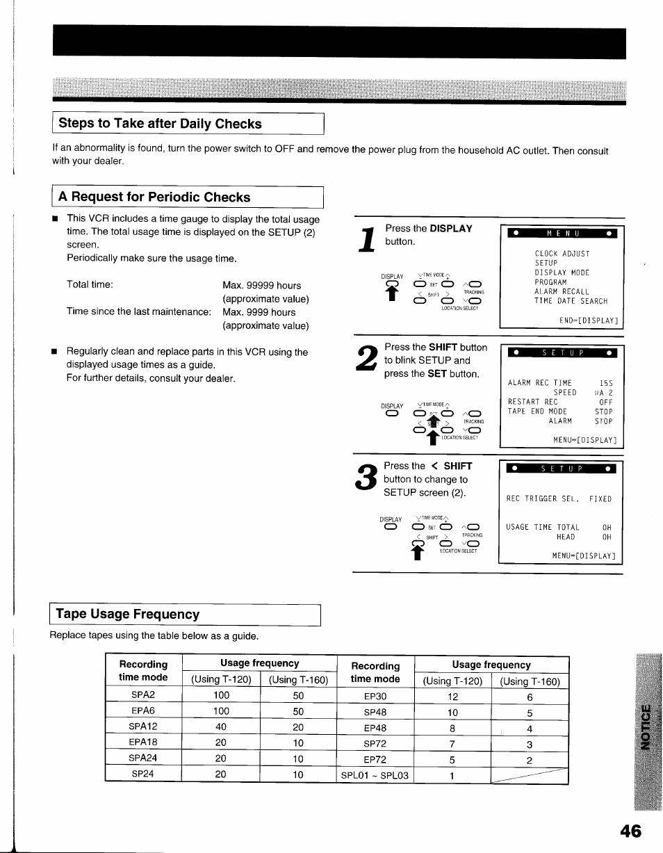 Steps to take after daily checks, A request for periodic checks, Tape usage frequency | Toshiba KV-9096A User Manual | Page 47 / 52