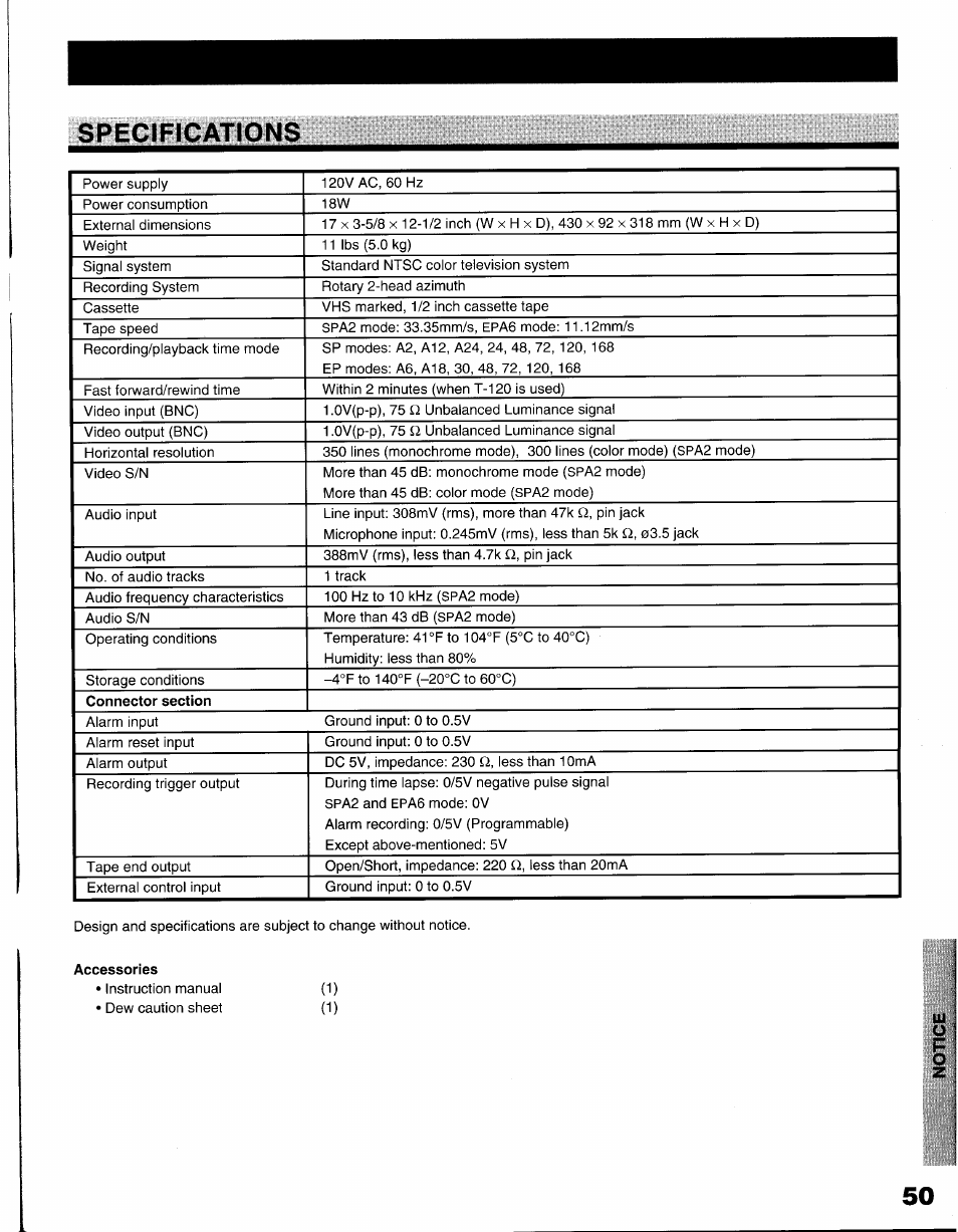 Specifications, Accessories | Toshiba KV-9096A User Manual | Page 51 / 52