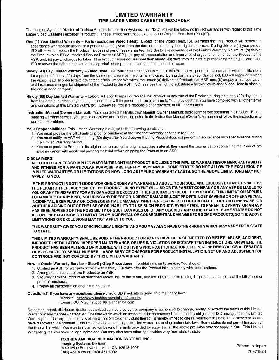 Limited warranty, Time lapse video cassette recorder | Toshiba KV-9096A User Manual | Page 52 / 52