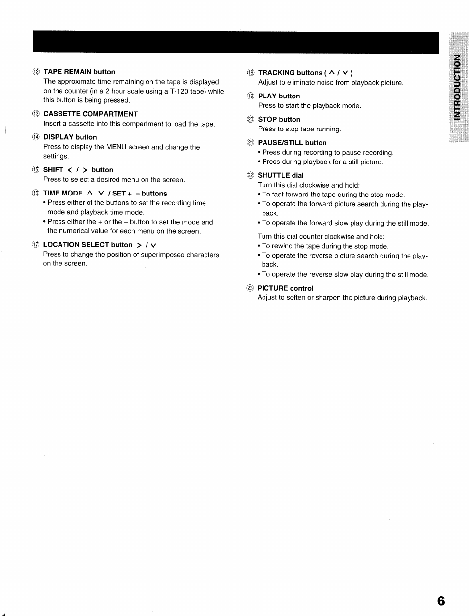 Tape remain button, Cassette compartment, Shift < / > button | Time mode a v /set+ - buttons, Location select button > / v, Tracking buttons ( a / v ), Play button, Stop button, Pause/still button, Shuttle dial | Toshiba KV-9096A User Manual | Page 7 / 52