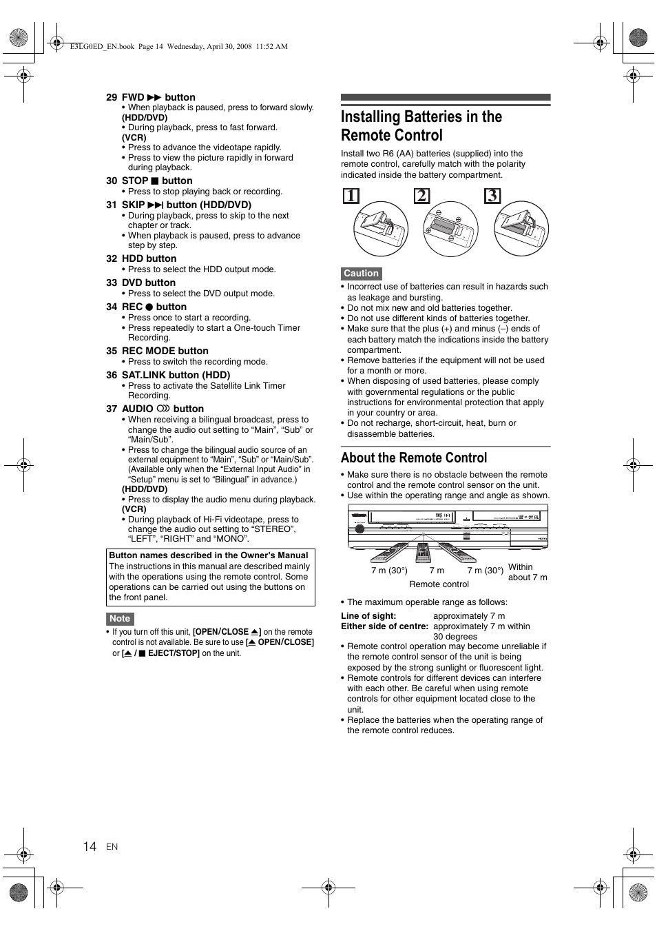 Installing batteries in the remote control, About the remote control | Toshiba RD-XV48KE User Manual | Page 14 / 92