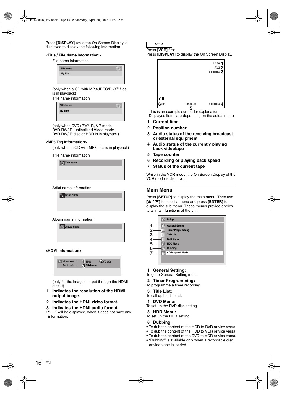 Main menu | Toshiba RD-XV48KE User Manual | Page 16 / 92