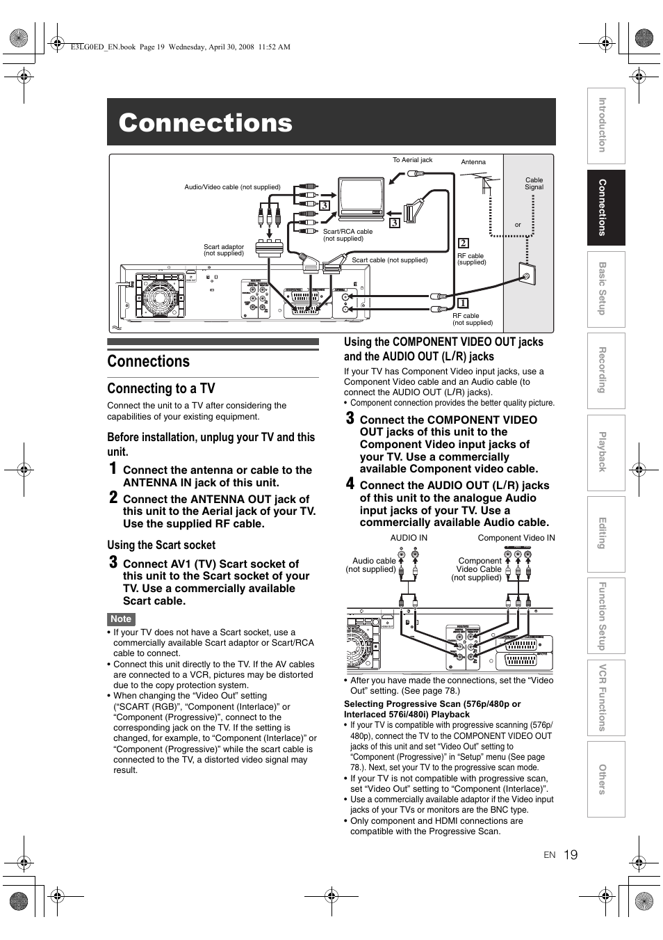 Connections, Connecting to a tv, Before installation, unplug your tv and this unit | Using the scart socket | Toshiba RD-XV48KE User Manual | Page 19 / 92