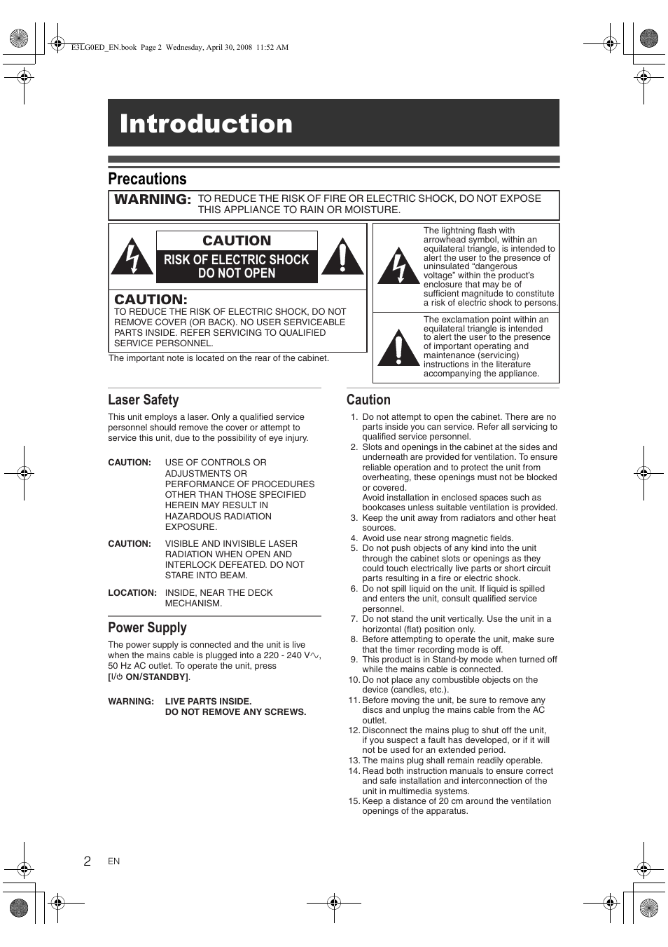 Introduction, Precautions, Laser safety | Power supply, Warning, Caution, Caution risk of electric shock do not open | Toshiba RD-XV48KE User Manual | Page 2 / 92