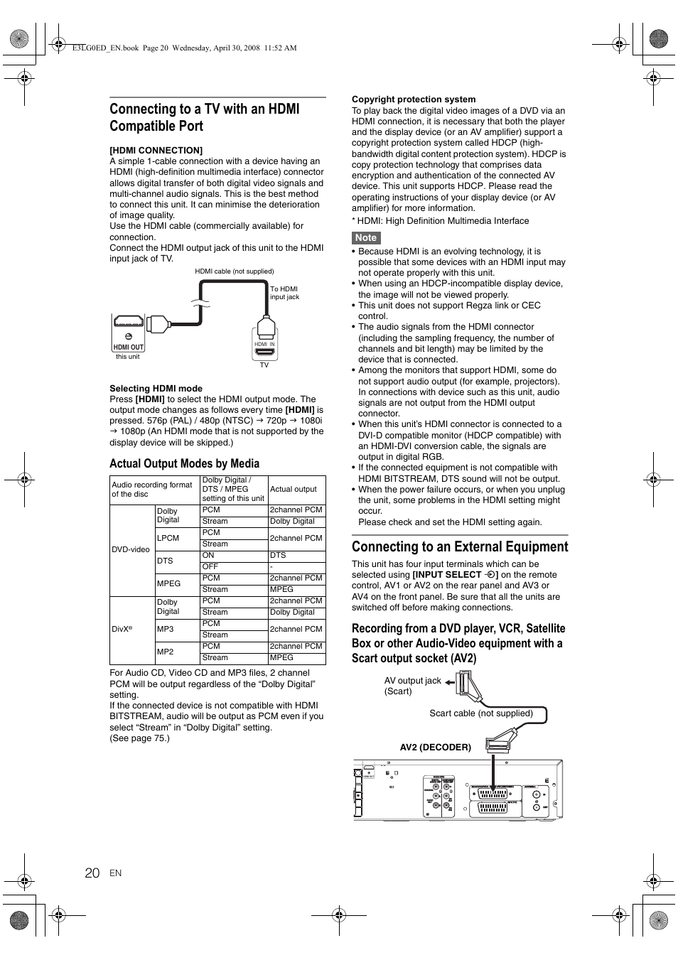 Connecting to a tv with an hdmi compatible port, Connecting to an external equipment, Actual output modes by media | Toshiba RD-XV48KE User Manual | Page 20 / 92
