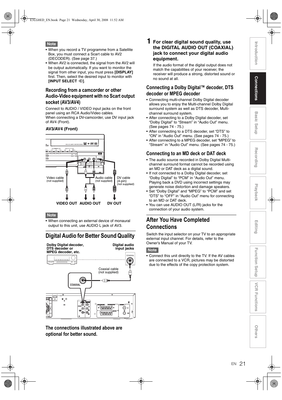 Digital audio for better sound quality, After you have completed connections, Connecting to an md deck or dat deck | Toshiba RD-XV48KE User Manual | Page 21 / 92