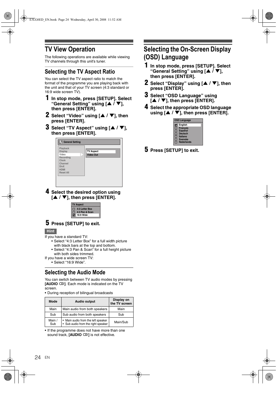 Tv view operation, Selecting the on-screen display (osd) language 1, Selecting the tv aspect ratio | Selecting the audio mode | Toshiba RD-XV48KE User Manual | Page 24 / 92