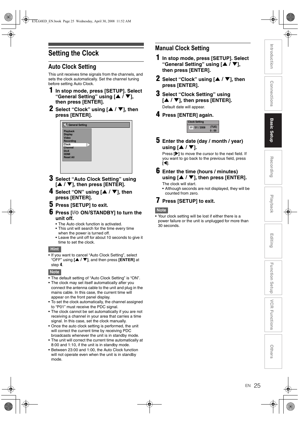 Setting the clock, Auto clock setting, Manual clock setting | Toshiba RD-XV48KE User Manual | Page 25 / 92
