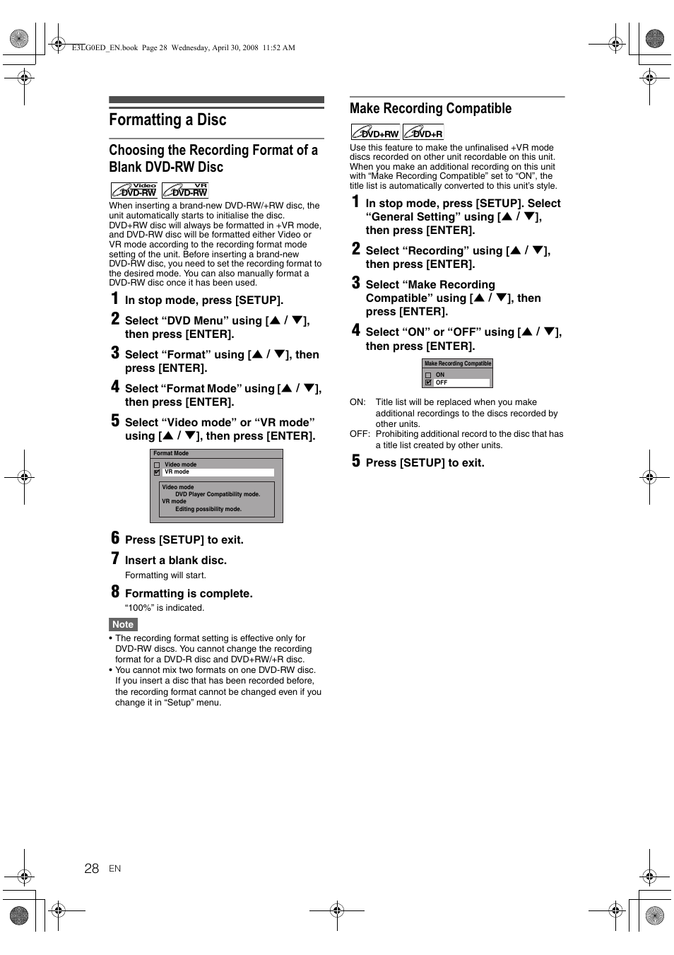 Formatting a disc, Make recording compatible | Toshiba RD-XV48KE User Manual | Page 28 / 92