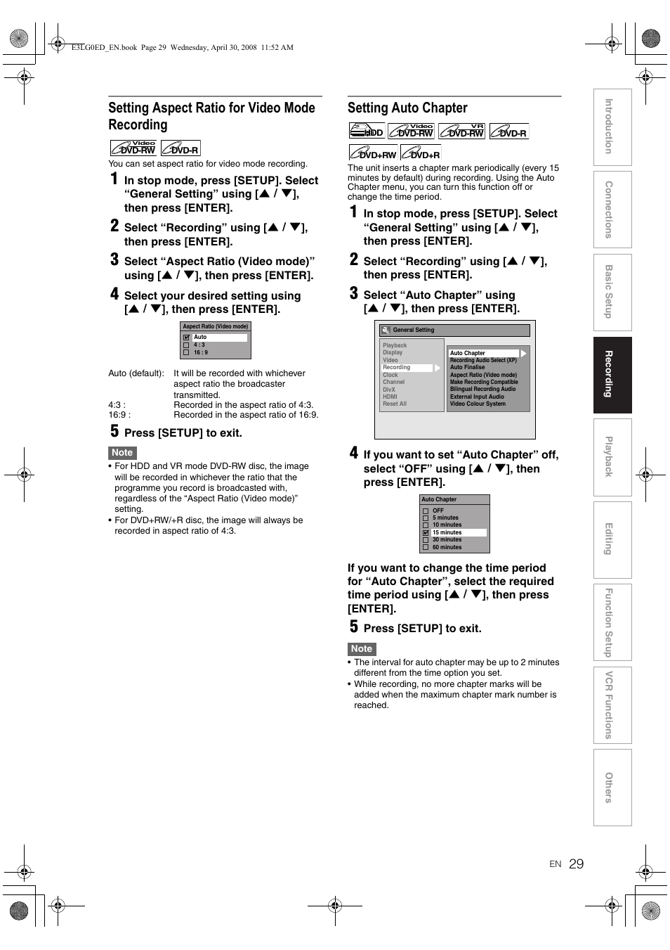 Setting aspect ratio for video mode recording, Setting auto chapter | Toshiba RD-XV48KE User Manual | Page 29 / 92