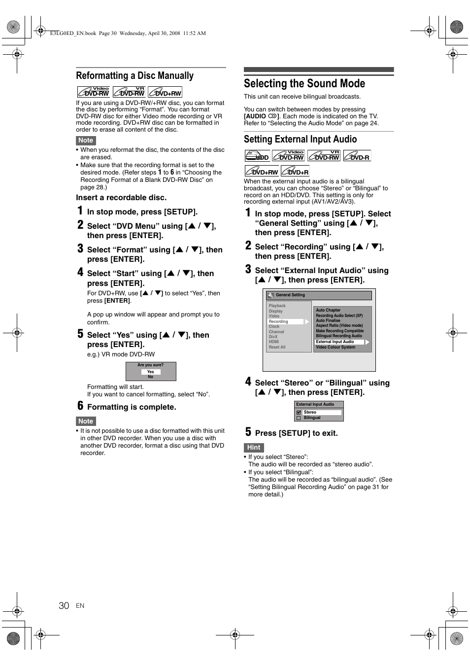 Selecting the sound mode, Reformatting a disc manually, Setting external input audio | Toshiba RD-XV48KE User Manual | Page 30 / 92
