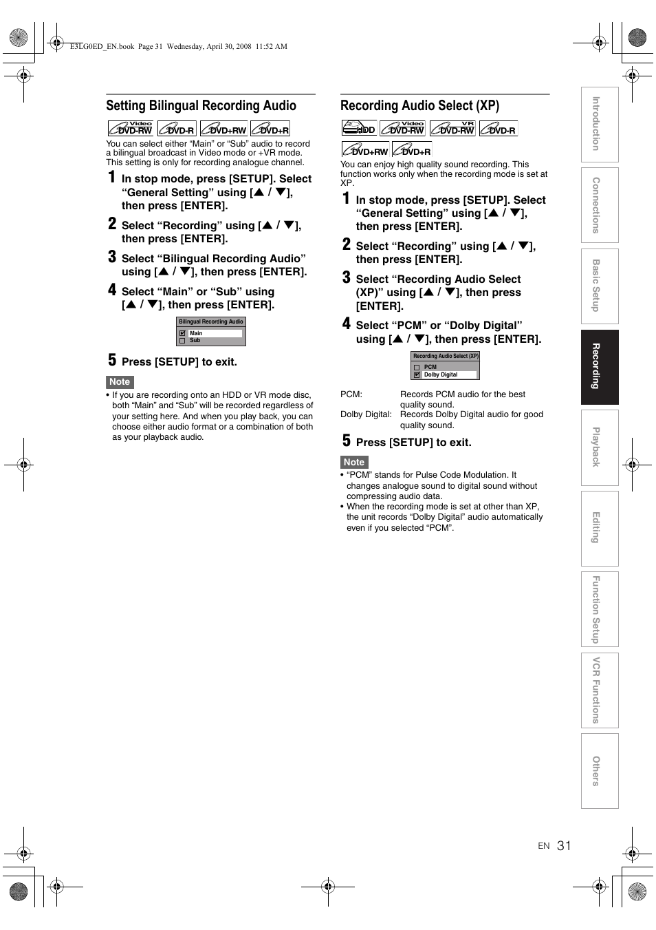 Setting bilingual recording audio, Recording audio select (xp) | Toshiba RD-XV48KE User Manual | Page 31 / 92
