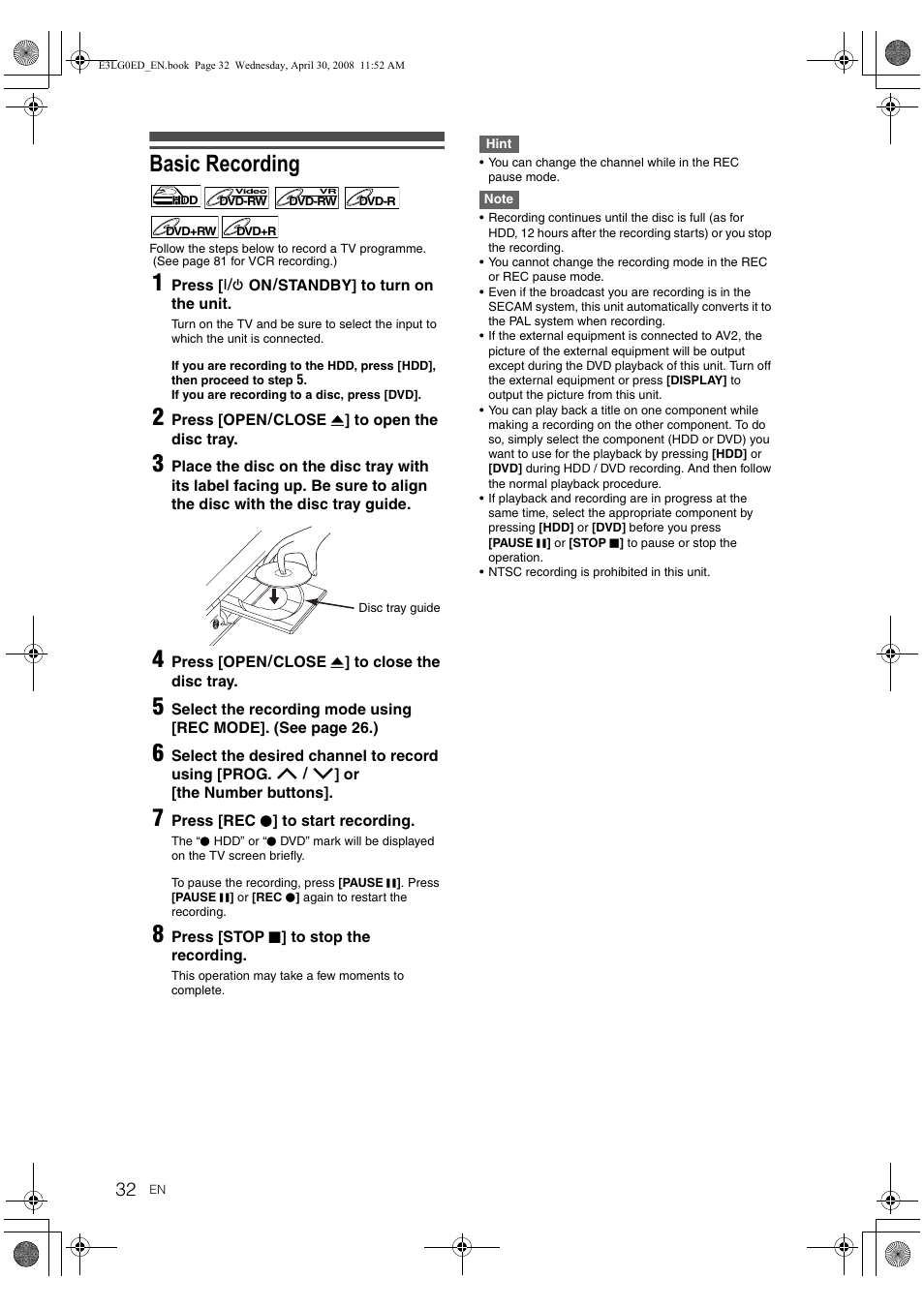 Basic recording | Toshiba RD-XV48KE User Manual | Page 32 / 92