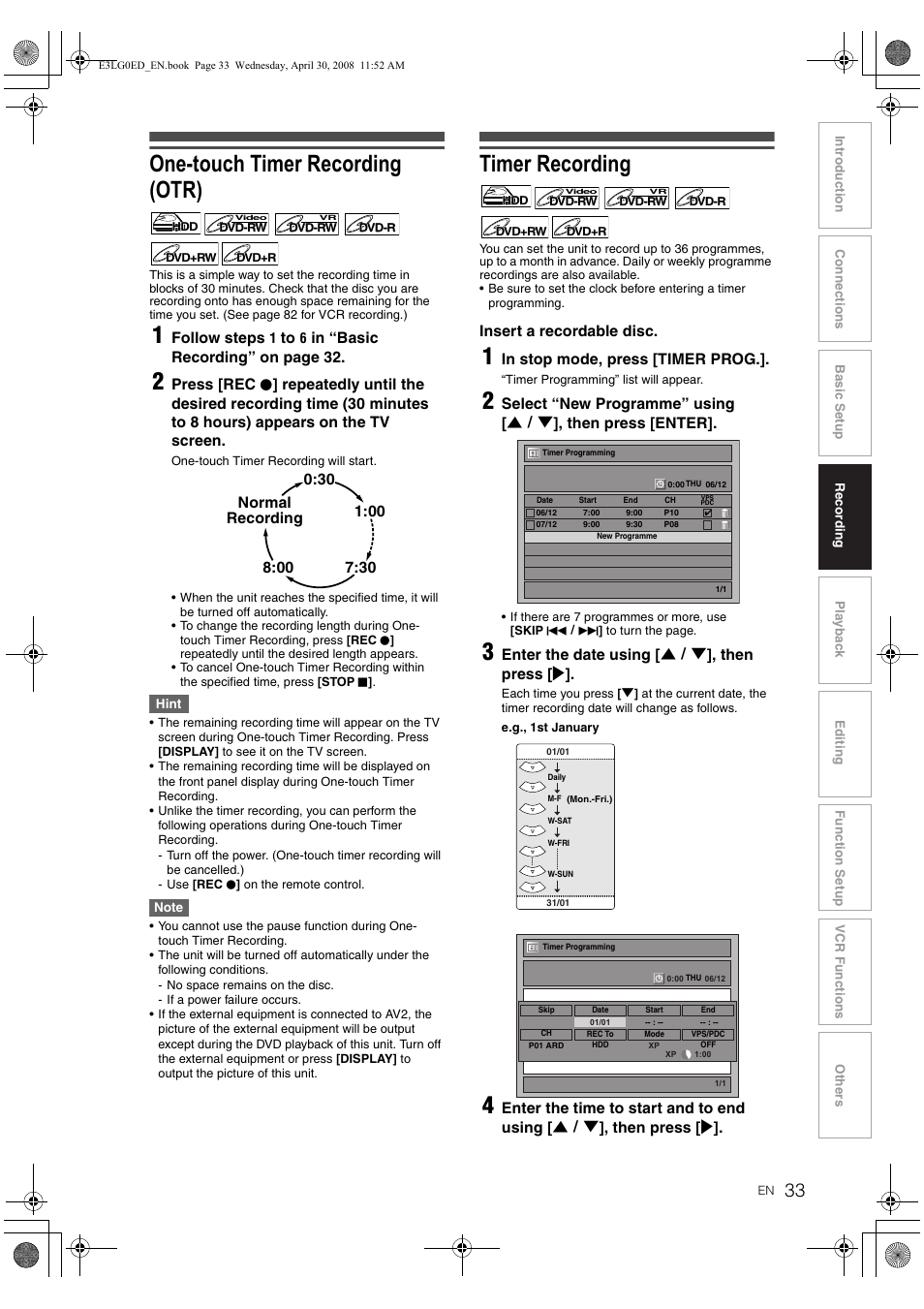 One-touch timer recording (otr), Timer recording | Toshiba RD-XV48KE User Manual | Page 33 / 92