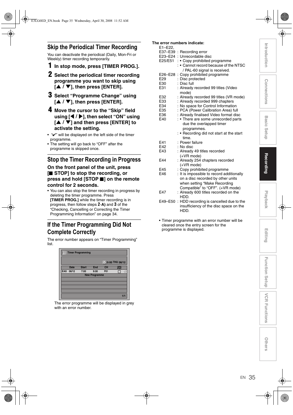 Skip the periodical timer recording, Stop the timer recording in progress | Toshiba RD-XV48KE User Manual | Page 35 / 92