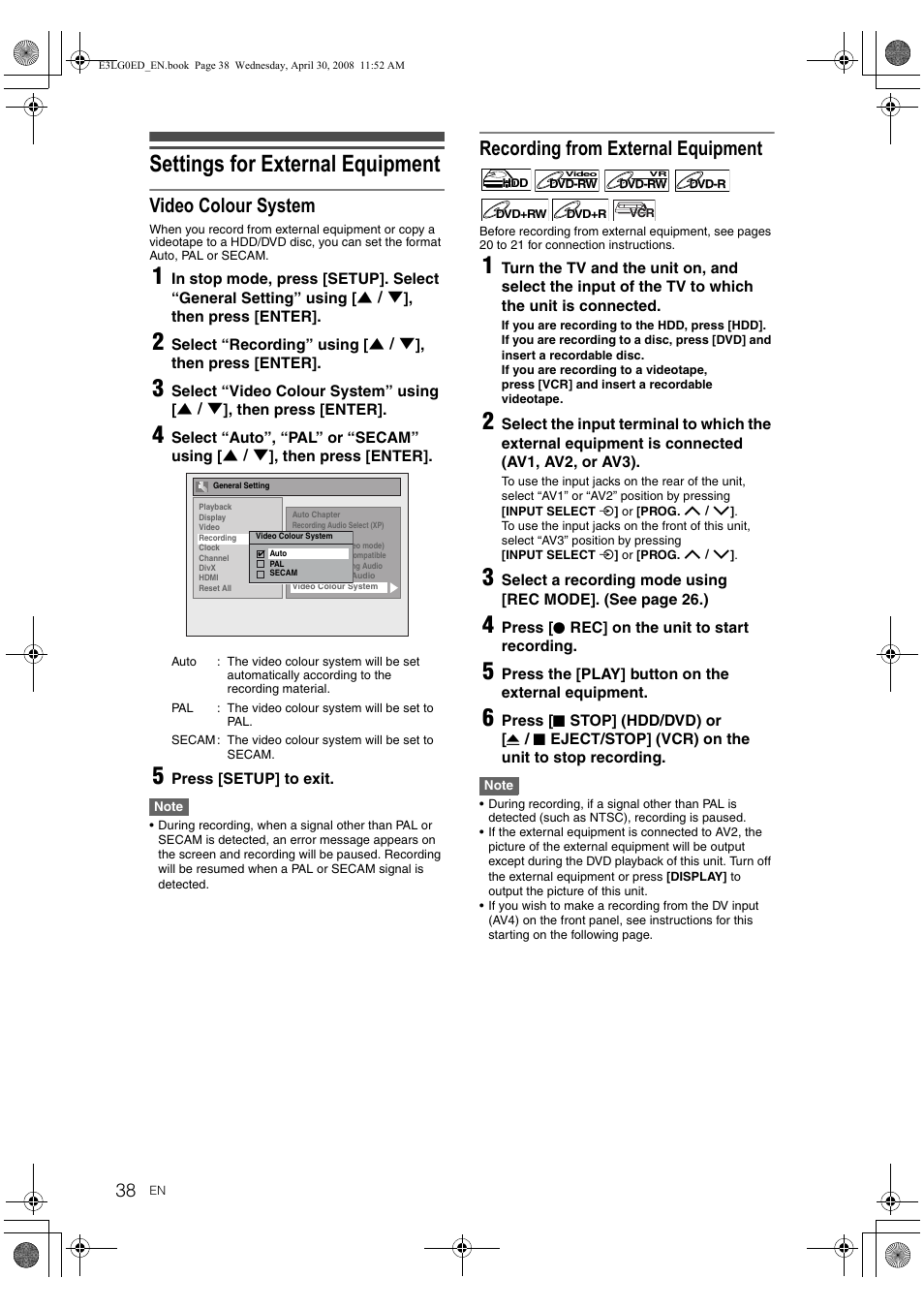 Settings for external equipment, Video colour system, Recording from external equipment | Toshiba RD-XV48KE User Manual | Page 38 / 92