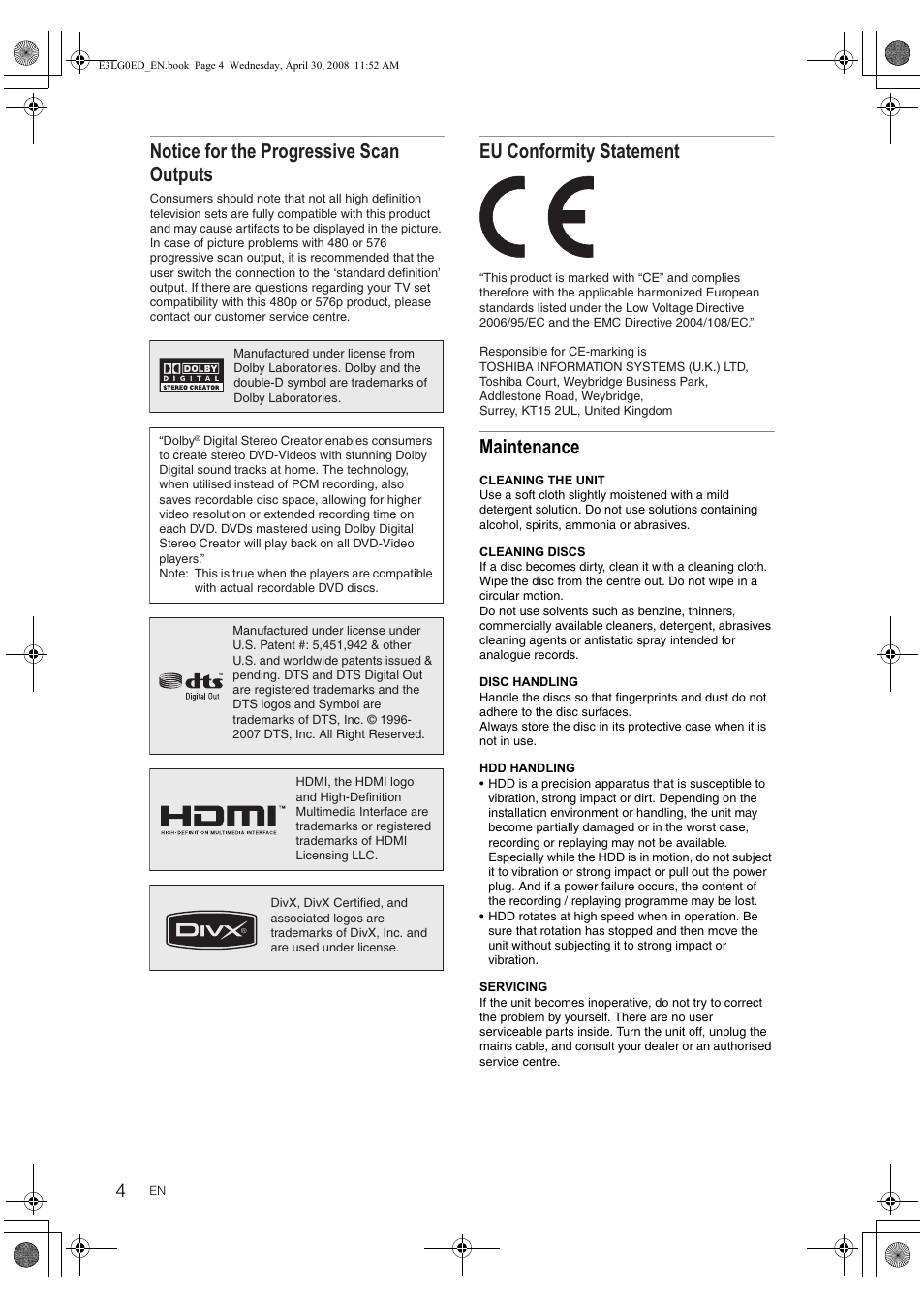 Maintenance, Notice for the progressive scan outputs, Eu conformity statement | Toshiba RD-XV48KE User Manual | Page 4 / 92