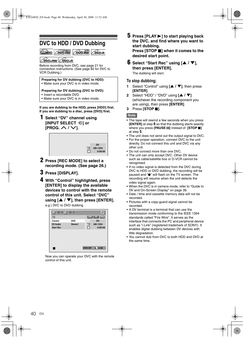 Dvc to hdd / dvd dubbing | Toshiba RD-XV48KE User Manual | Page 40 / 92