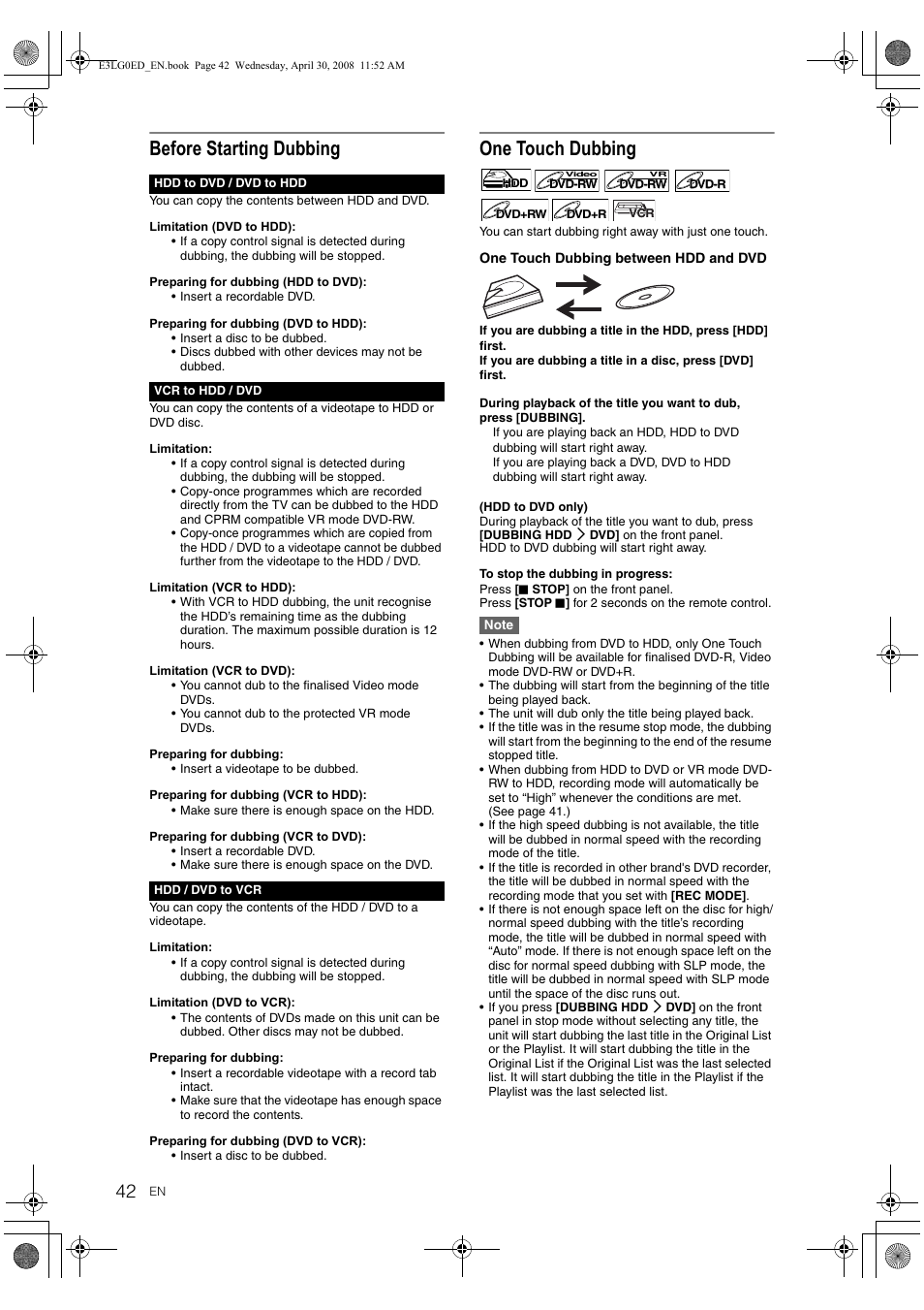Before starting dubbing, One touch dubbing | Toshiba RD-XV48KE User Manual | Page 42 / 92