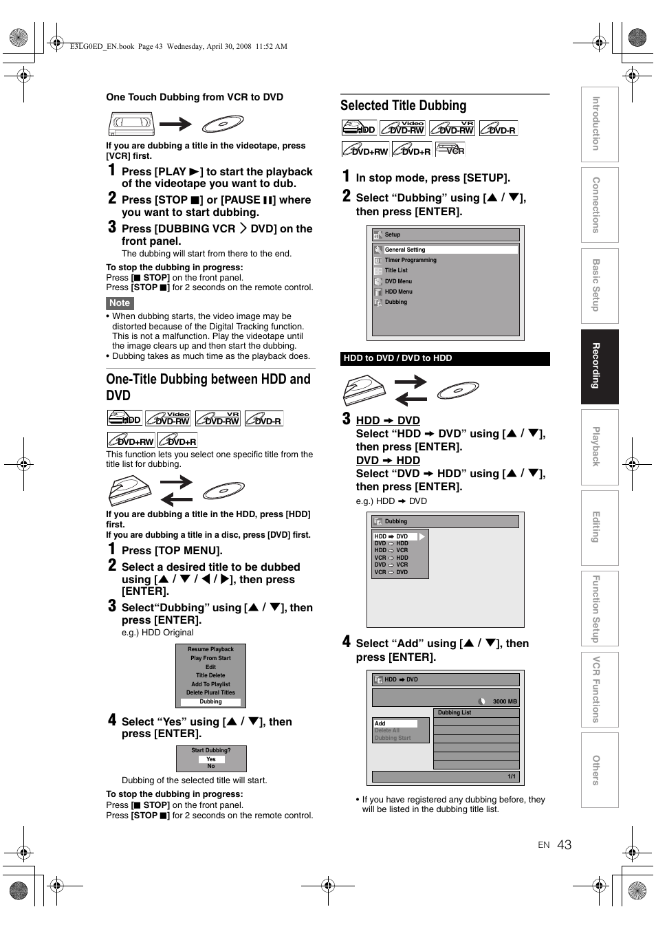 One-title dubbing between hdd and dvd, Selected title dubbing | Toshiba RD-XV48KE User Manual | Page 43 / 92