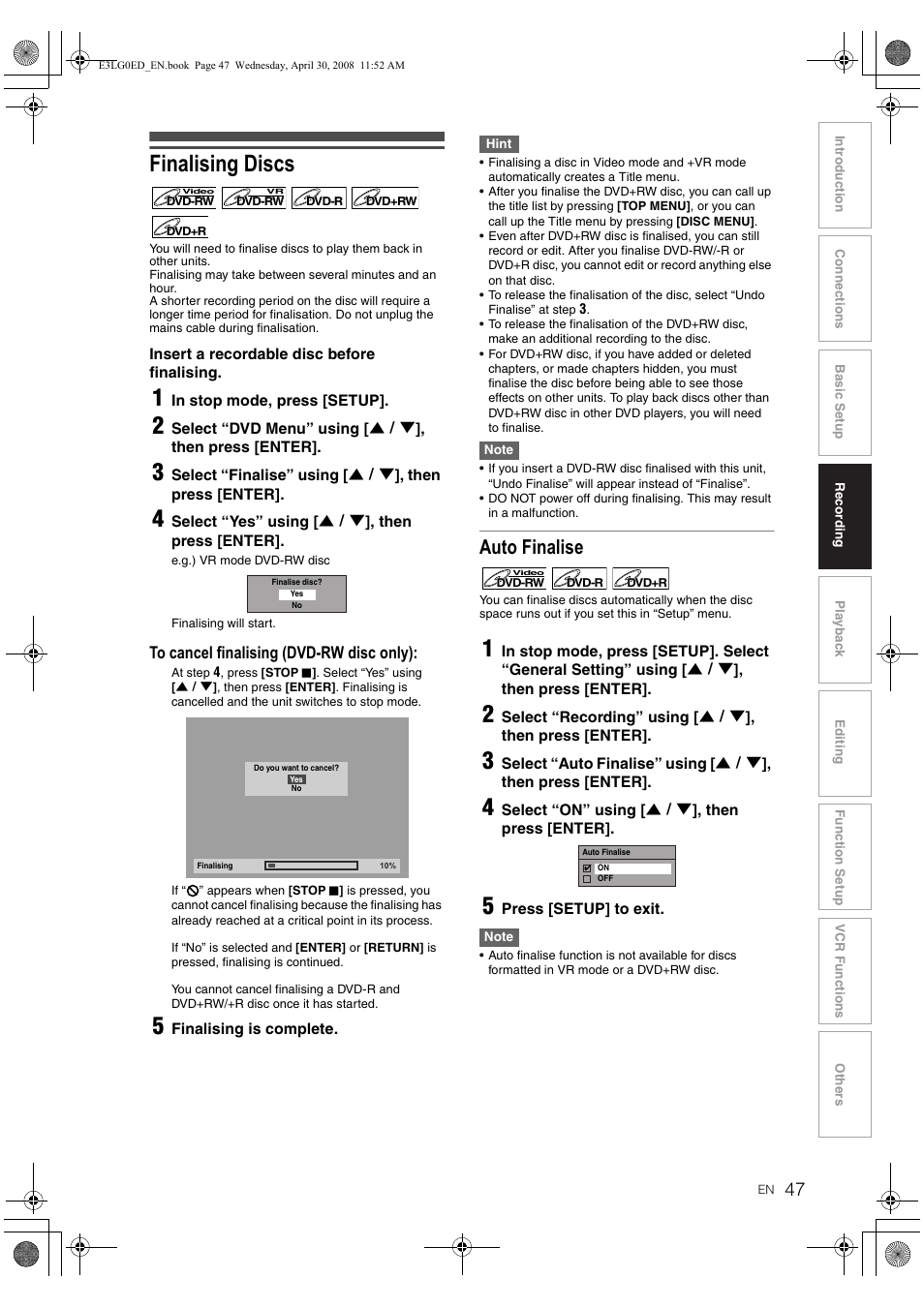 Finalising discs, Auto finalise | Toshiba RD-XV48KE User Manual | Page 47 / 92