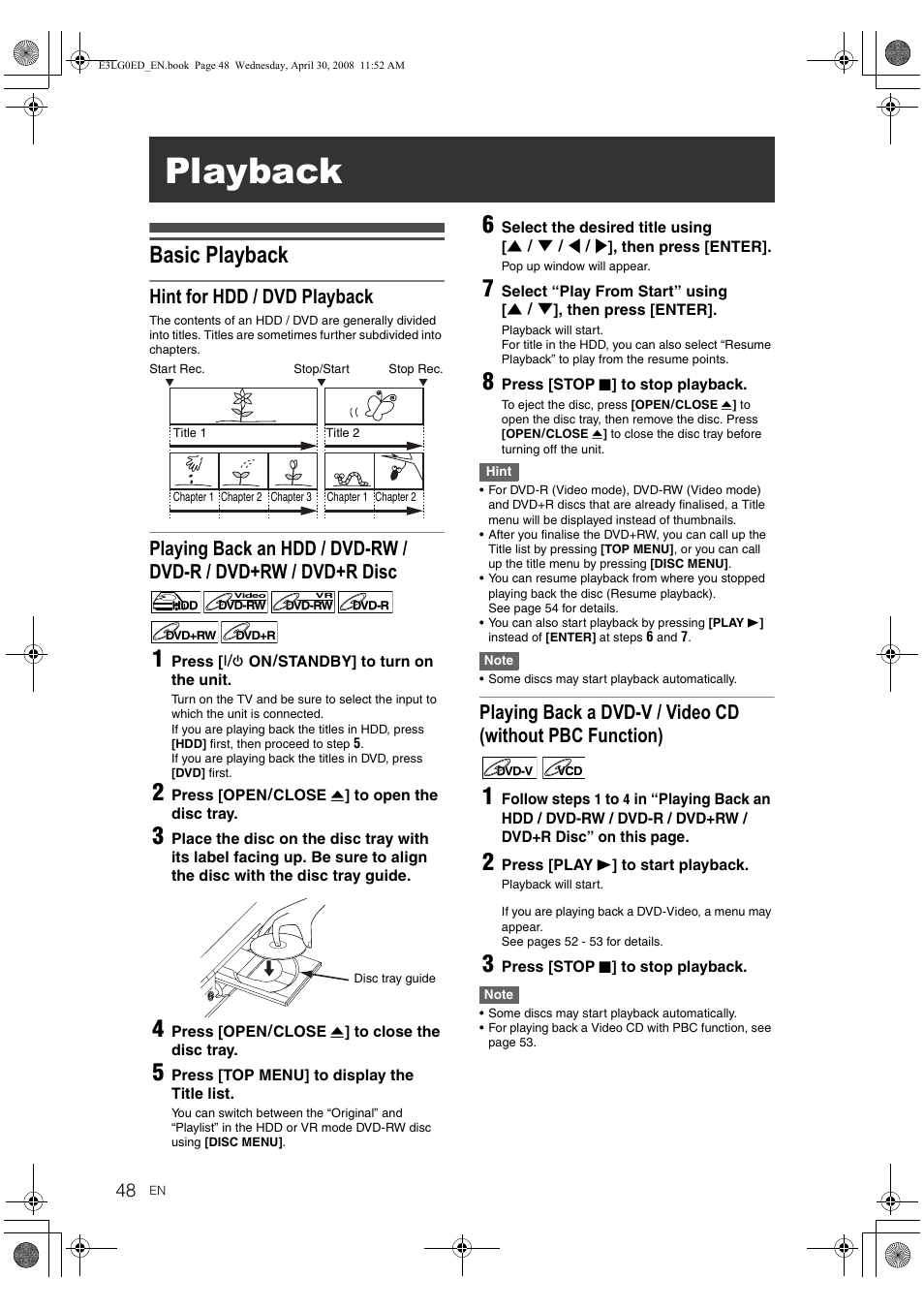 Playback, Basic playback, Hint for hdd / dvd playback | Toshiba RD-XV48KE User Manual | Page 48 / 92