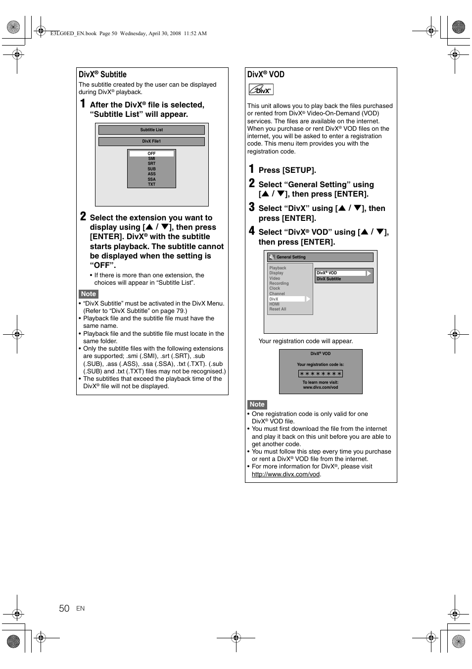 Divx, Subtitle | Toshiba RD-XV48KE User Manual | Page 50 / 92