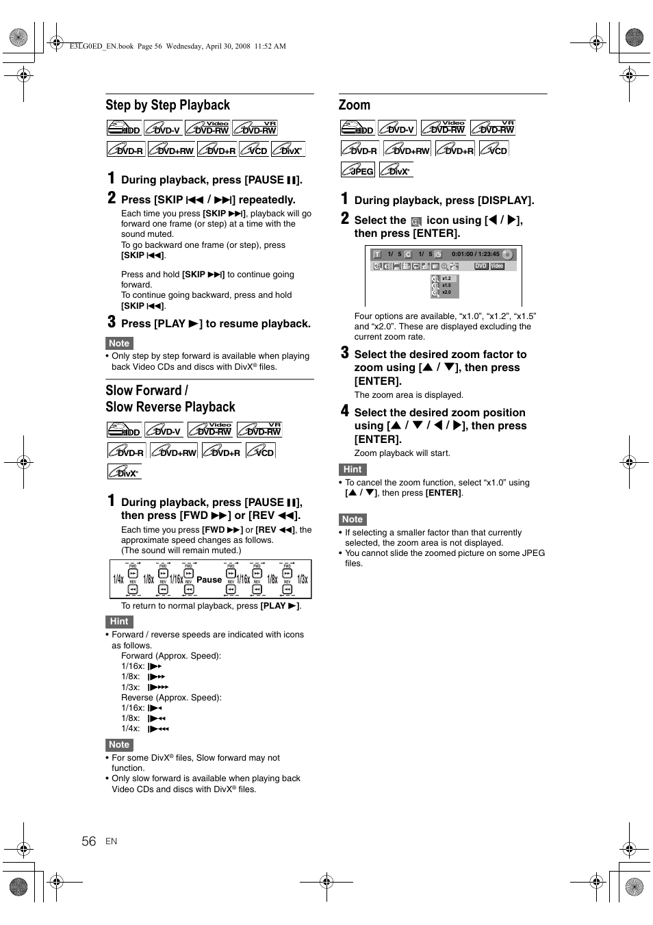 Step by step playback, Slow forward / slow reverse playback, Zoom | Toshiba RD-XV48KE User Manual | Page 56 / 92