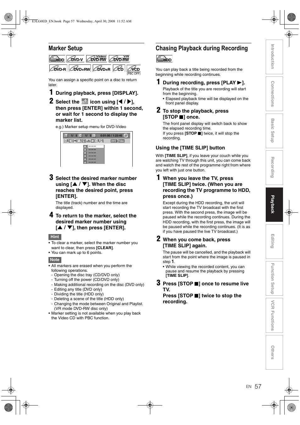 Marker setup, Chasing playback during recording | Toshiba RD-XV48KE User Manual | Page 57 / 92