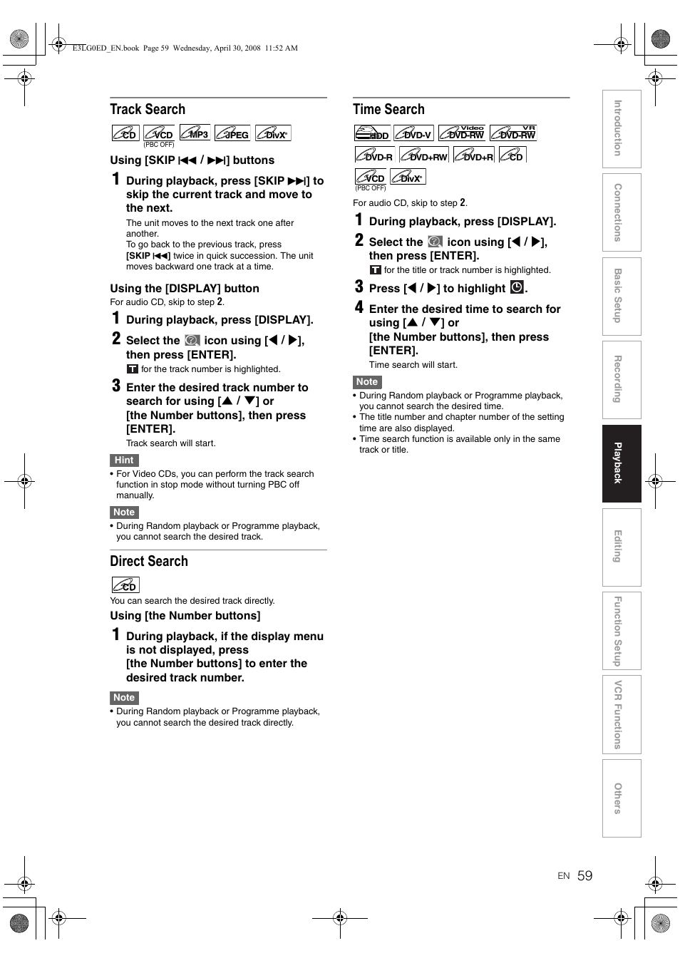 Track search, Direct search, Time search | Toshiba RD-XV48KE User Manual | Page 59 / 92