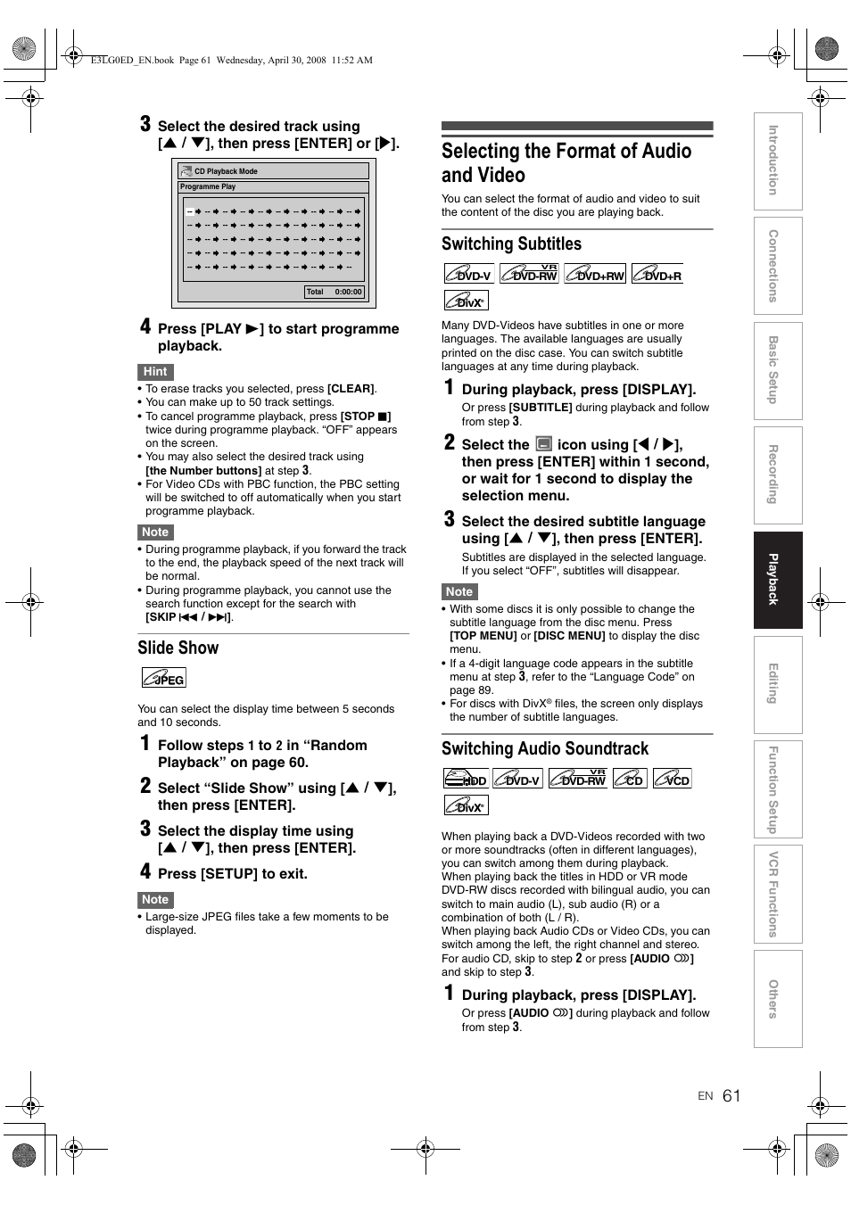 Selecting the format of audio and video, Slide show, Switching subtitles | Switching audio soundtrack | Toshiba RD-XV48KE User Manual | Page 61 / 92