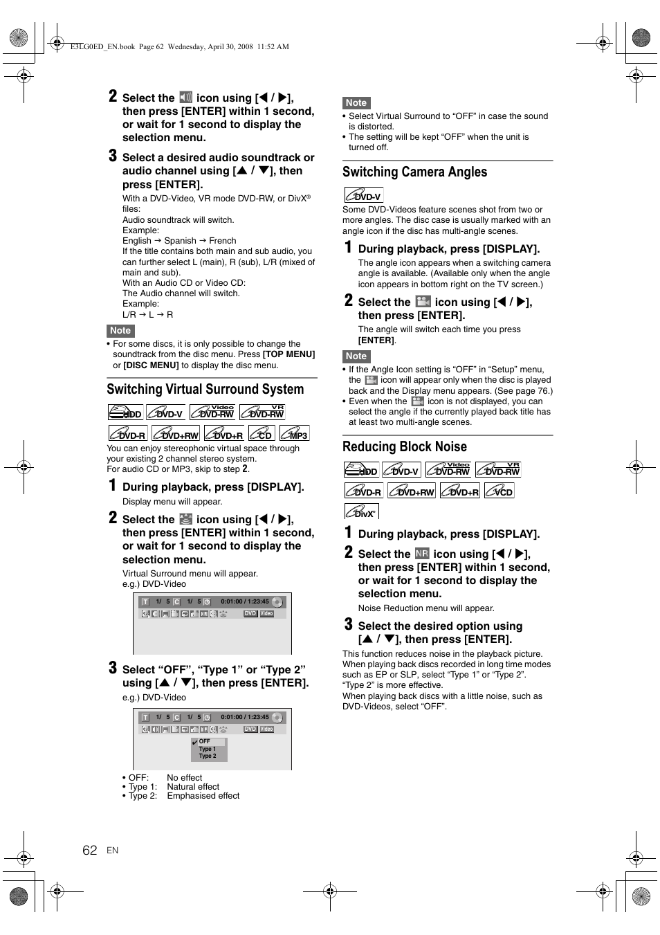 Switching virtual surround system, Switching camera angles, Reducing block noise | Toshiba RD-XV48KE User Manual | Page 62 / 92
