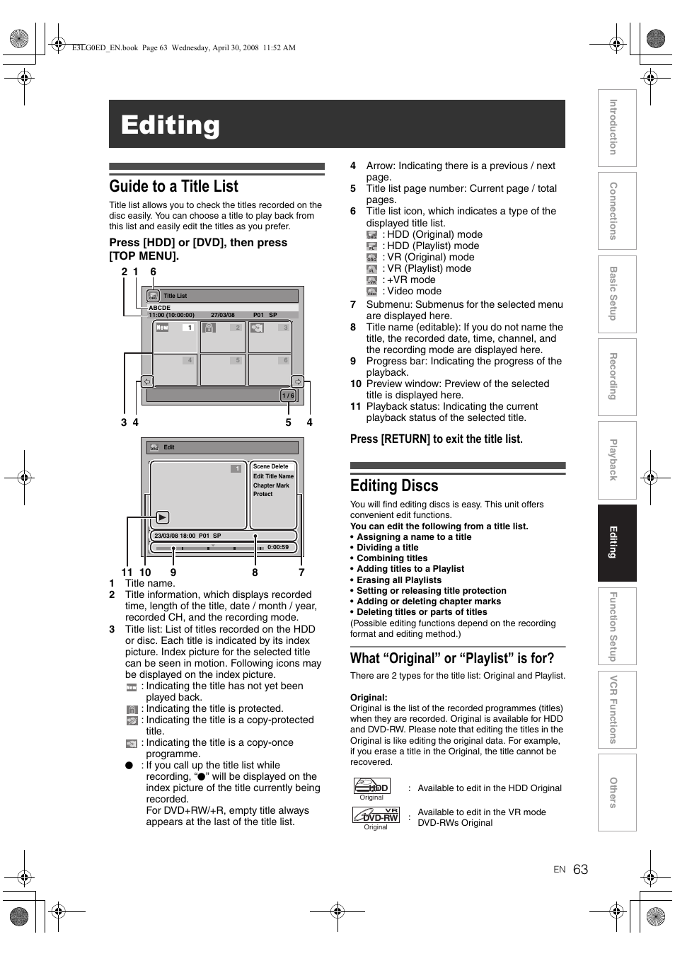 Editing, Guide to a title list, Editing discs | Wh at “original” or “playlist” is for, Pres s [return] to exit the title list | Toshiba RD-XV48KE User Manual | Page 63 / 92
