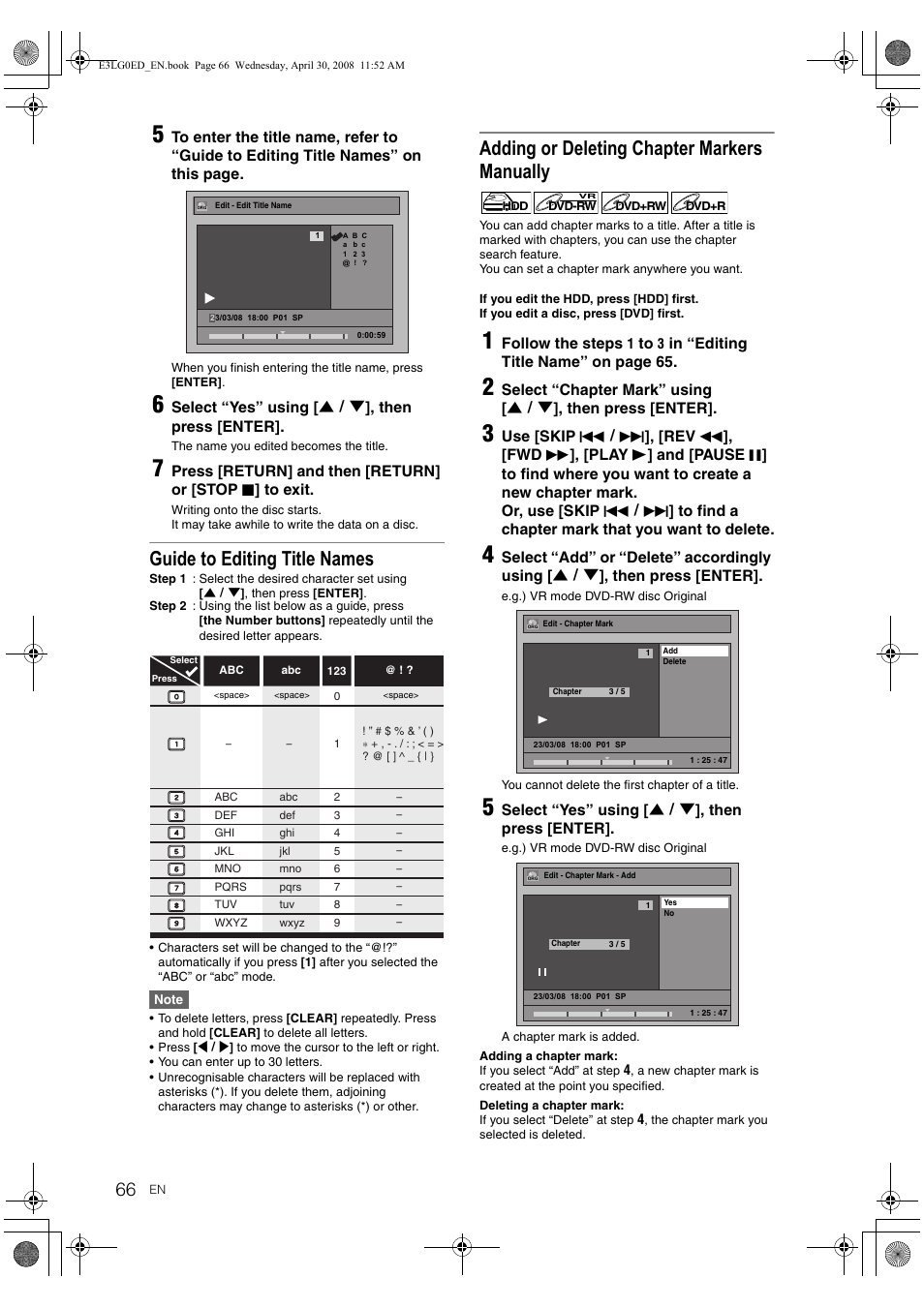 Guide to editing title names, Adding or deleting chapter markers manually | Toshiba RD-XV48KE User Manual | Page 66 / 92