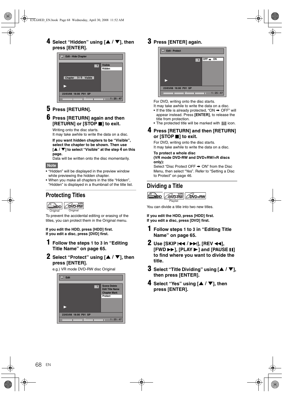 Protecting titles, Dividing a title | Toshiba RD-XV48KE User Manual | Page 68 / 92